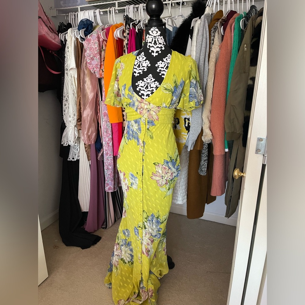 ASOS Chartreuse Floral V-Neck Maxi Dress